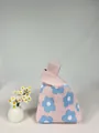 Detail of light pink knitted flower handbag with blue floral pattern and soft texture - Pink Daisy