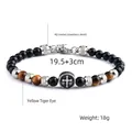 Men's 6mm Tiger Eye and Black Agate beaded bracelet with a stainless steel cross charm - Yellow Tiger Eye Glossy Cross