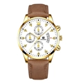 Macro view of white dial with Roman numerals, diamond markers and date window - Brown Strap Gold Case White Dial Gold Hands