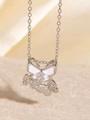 Silver O-chain necklace featuring double butterfly pendants with white enamel and crystals - BXL0256-11 Silver Double Butterfly