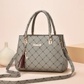 Taupe satchel with floral diamond pattern, tassel cat charm and detachable strap - Light Maple & Original