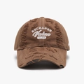 Distressed coffee brown baseball cap with white embroidery and ripped vintage details - Camel