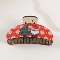Detail of red Christmas hair claw clip featuring festive Santa and tree patterns - Style F (Xmas Tree & Text)