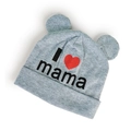 Detail view of grey knit baby hat with bear ears and I love mama print on white base - 46-49cm / Gray
