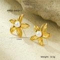 Elegant gold flower earrings with white pearl center and delicate petal texture - Gold Elegant Floral Pearl (D459-1)
