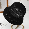 Detailed macro view of black hollow-out crochet bucket hat with intricate knit texture - One Size / Black