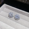 Dettaglio delle clip per orecchie a fiore in zircone scintillante su una scatola in velluto grigio - Stile Arrotondato a Fiori in Pavé (1#耳骨夹-银色)