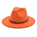 Detail of orange wool fedora featuring a leather braided band and bronze skull buckle - M (56-58cm) / Orange