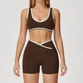 Women's dark brown cross waist yoga set with contrast trim and U-neck sports bra - S / Top And Bottom / Dark Coffee (Bra + Shorts)