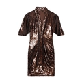Women's V-neck sequined mini dress in bronze with wrap skirt for party wear - S / Caramel Brown