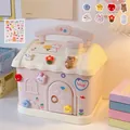 Pink and white house-shaped piggy bank with cute cartoon bear stickers and handle - Pink House (Stickers + Patches)