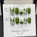 Handmade gradient green press-on nails with 3D white flowers and deer horn art - XS