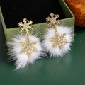 Golden snowflake earrings with white fur balls and rhinestones in a festive gift box - 925 Sterling Silver Pin Dangle / Gold Snowflake With White Pom-Pom