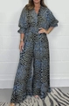 Chic blue leopard print jumpsuit with wide-leg pants and long sleeves for women - S / Top And Bottom / Blue