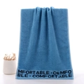Sky blue cotton towel featuring decorative woven COMFORTABLE lettering on the border - Alphabet Blue