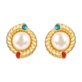 Pendientes retro franceses de acero inoxidable chapado en oro 18K con perlas y diamantes - Pendientes de Perlas Incrustadas / Dorado