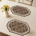 Waterproof leather dining mat in coffee brown with vintage black floral patterns - Irregular Shape / 1 Piece / French Vintage Style-A