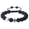 Close-up of black lava stone beads and custom engraved silver cylinder on woven bracelet - White Turquoise + Lava Stone - Custom Bracelet
