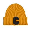 Detail of ginger yellow ribbed knit beanie showing C letter patch and textured fabric - Yellow & Black
