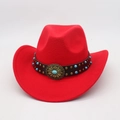 Detail of red wool cowboy hat with turquoise beads and sunflower buckle - Red (Floral Leather Belt)