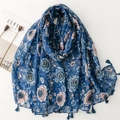 Navy blue cotton linen scarf with pink floral patterns and fringe details for women - 180*90CM / Blue Base Pink Flower