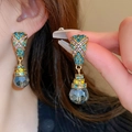 French vintage gold earrings with blue water-drop crystals and colorful rhinestones - Retro Gold Blue Purple Yellow Rhinestone (50#)