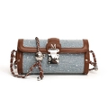 Zylindrische Umhängetasche aus Denim mit Strass, braunem Leder und Metallkette - Denimblau mit Braun / Braun