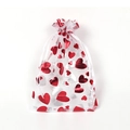 Sacchetto in organza bianca con cuori in lamina rossa e argento e chiusura a coulisse - 10x15cm