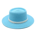 Close-up of sky blue boater hat featuring elegant white lace and pearl embellishments - M (56-58cm) / Lake Blue