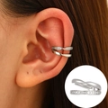 Elegant silver double-layer ear cuff with zircon stones shown on ear and in close-up view - White K - Luxury Large Double Layer Style (A-692)