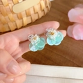 Detailed close-up of mint green shell flower stud earrings with translucent petals - Shell Flower Stud Earrings / Blue