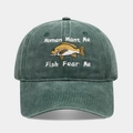 Detail of fish embroidery and humor text on washed dark green cotton baseball cap - Dark Green