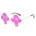 Pink mushroom shaped rimless sunglasses with gold metal temples and white polka dots - Dark Purple
