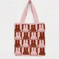 Minimalist rabbit checkerboard knit tote bag in soft pink and brown woven fabric - Pink & Brown