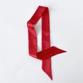 Detail eines roten Satin-Schals mit silbernen Metallnieten und diagonal geschnittenen Enden - Rot