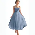 Light blue tea-length mesh party dress with spaghetti straps and pleated A-line skirt - US size 2 (S) / Bottoms / Blue Gray