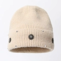 Dicke beige Strickmütze mit Sonnenblumen-Strasssteinen und Umschlag für den Winter - Einheitsgröße / Beige (Schneeflocke)