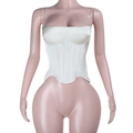 Detailed view of white satin corset top with fishbone boning and clear straps - XS / Off White