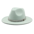 Detail of mint green wool felt fedora featuring rhinestone band and golden M emblem - M (56-58cm) / Mint Green