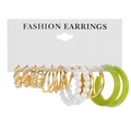 6-pair gold geometric hoop earring set with pearls and green resin accents - 6 Pairs Set / Gold & Green & White