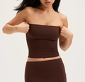 Detailed view of dark brown seamless tube top showing elastic fabric texture and fit - XS / Dark Brown