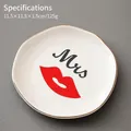 Mrs ceramic ring dish with gold rim and red lips pattern for jewelry storage - 11.5cm Irregular Plate-Mrs