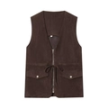Damesvest van donkerbruin imitatie suède met V-hals, zakken en trekkoord in de taille - S / Top/Vest