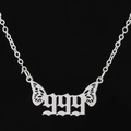 Collier en acier inoxydable argenté avec pendentif numéro 999 ailes d'ange et chaîne - 999 / Acier