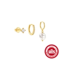 Set di tre orecchini in argento sterling 925 placcato oro con perle e zirconi lucenti - Stile 3 (Pendaglio di Perla + Cerchio Pavé + Lobo a 4 Griffe) / Oro