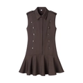 Dunkelbraunes ärmelloses Minikleid mit Revers, Doppelreiher und geruschtem Saum - S / Kaffeebraun