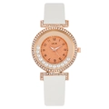 Fashionable rose gold women's quartz watch with floating rhinestones and white strap - White