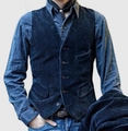 Men's navy blue corduroy vest in vintage workwear style with multi-pocket design - S / Tops / Blue