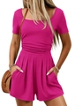 Detail of rose red short sleeve romper featuring ribbed knit texture and side pockets - S / Rose Red