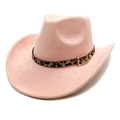 Detail of pink faux suede cowboy hat featuring a leopard print band and gold buckle - Deep Pink / M (56-58cm)